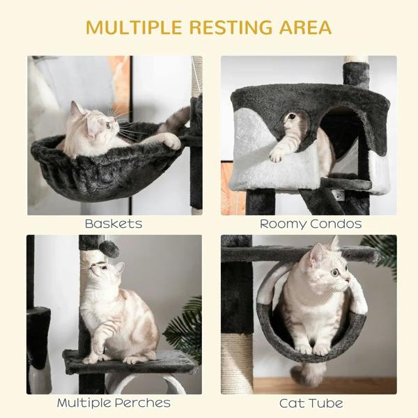 Cat tree with multiple resting areas: baskets, condos, perches, and cat tube