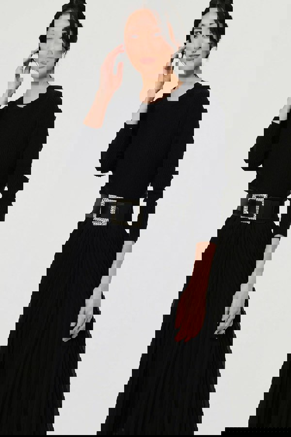 Black | Diamante Buckle Stretch Wide Belt
