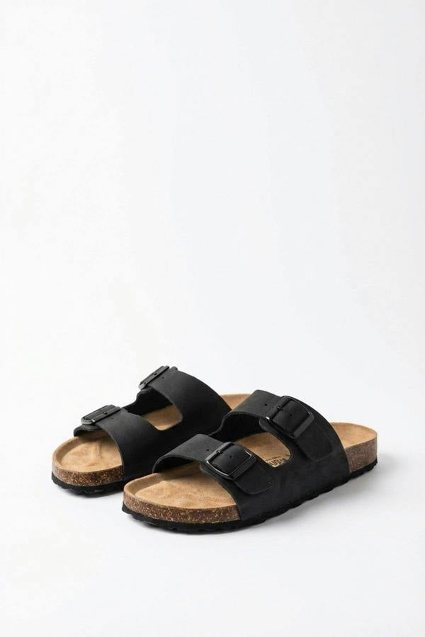 Harper Womens Double Buckle Cork Slide Sandals - JET BLACK_wb