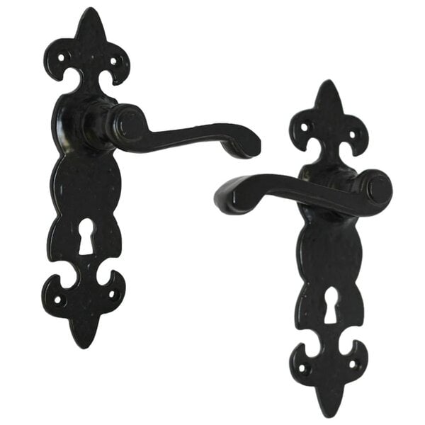 EDH Door Hardware Black Cast Iron Fleur-de-Lys Door Handles – Lever Latch, Bathroom Lock & 3 Lever Lock Sets - Lock Handle Only