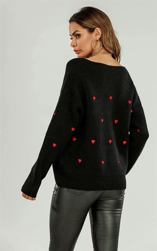 FS Collection Embroidery Red Heart V Neck Jumper In Black