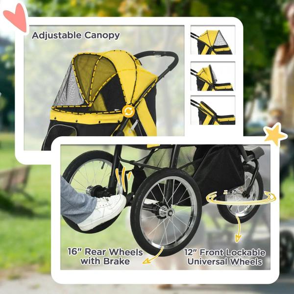 Yellow pet stroller jogger with adjustable canopy, rear brake wheels, and front lockable wheel