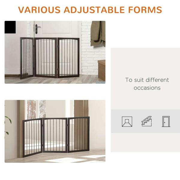 Foldable dog barrier gate showing adjustable multi-panel configurations in brown