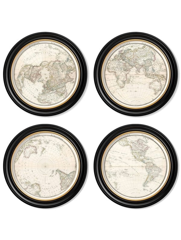 Exceptional Art c.1838 World Map Hemispheres in Round Frames
