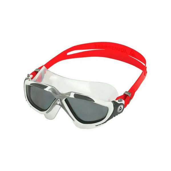 Red and silver Aqua Sphere Vista swim goggles with ultra durable plexisol lenses