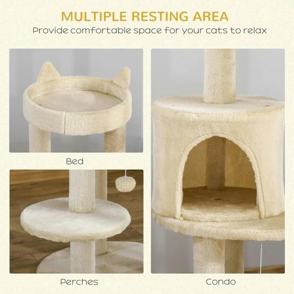 Cream plush cat tree with cushioned bed perch, enclosed condo, and hanging ball