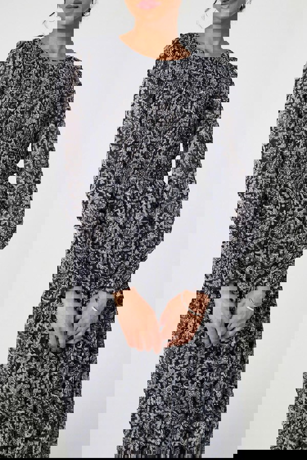 Black | Paisley Long Puff Sleeve Midi Smock Dress
