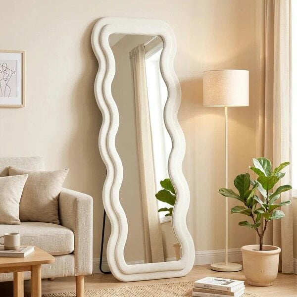 Full Length Mirror, 160 x 60 cm Wavy Full Body Wall Standing Mirror with Velvet Frame and Tempered Glass, Cream White