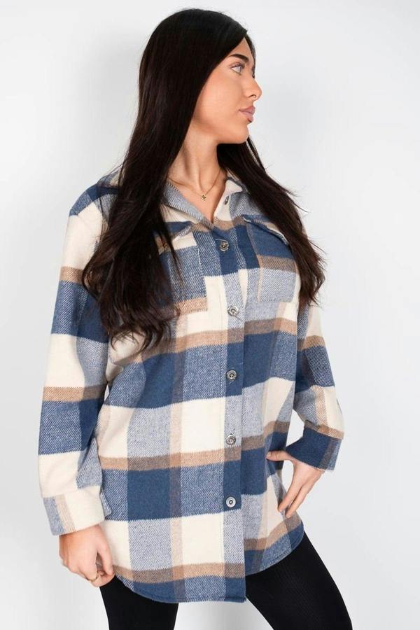 Luisa Plaid Print Long Sleeve Button Down Shacket - Blue