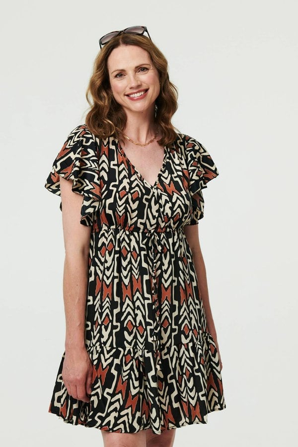 Black | Printed Frilled Sleeve Short Dress

