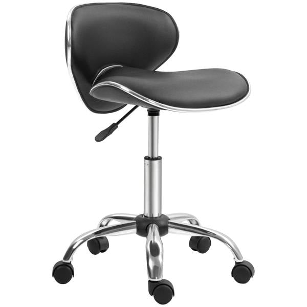 Black adjustable rolling salon swivel chair with padded seat and backrest