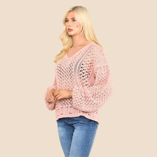 Elaina Fashion Women's Pink Open Crochet Hole Knit Jumper with Long Sleeve Cut-Out Design Blouse- Loose and Stylish Sweater Warm Top