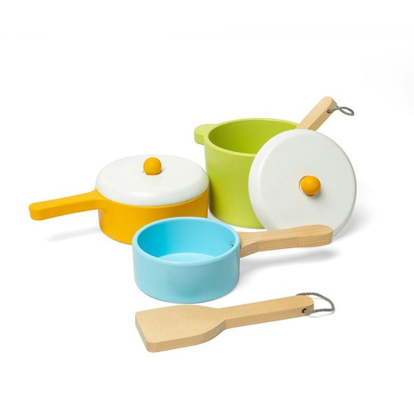 Bigjigs Toys Wooden Pots & Pans Set - Includes 3 Pots, 2 Lids And 2 Cooking Utensils