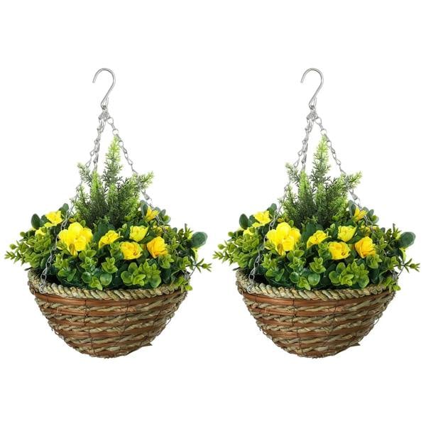 Set of two hanging flower pots with yellow blossoms and green foliage in woven baskets