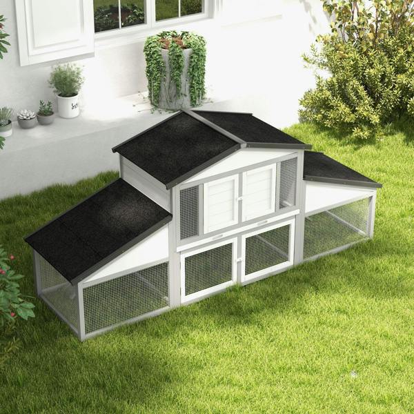 Large rabbit hutch and run with two ramps and dark roof panels in light grey