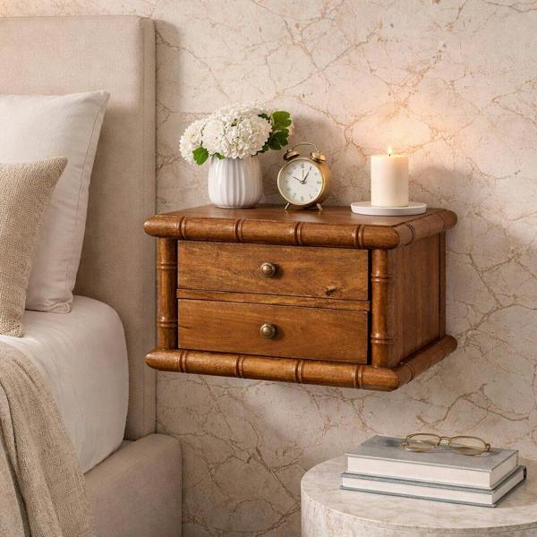 Artisan Furniture Solid Wood Bamboo Bedside in Amber Oak Finish, 2 Drawers, Brown
