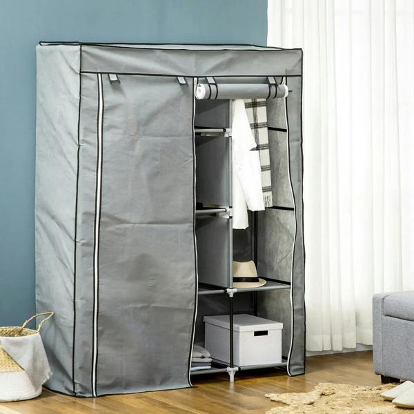 Light grey fabric wardrobe with hinged fabric door open, showing hanging rail and shelves.