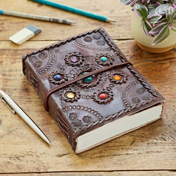 Paper High Indra Chakra Circle Embossed & Stitched Leather Journal with Semi-Precious Stones