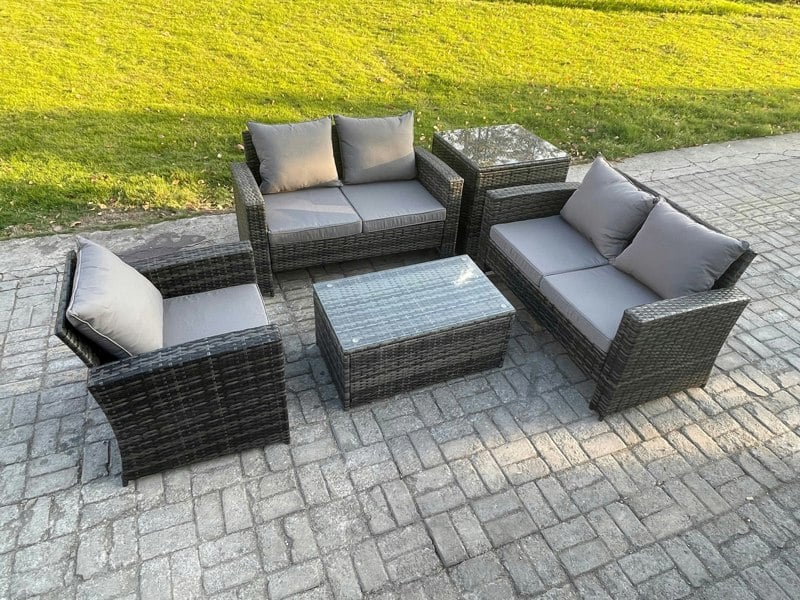 Fimous 5-Seater Rattan Outdoor Sofa Set | Rectangular Coffee Table, Double Sofa, Chair, Side Table | Dark Grey