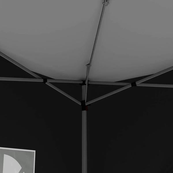 Black gazebo canopy underside with visible crossbars and corner frame connector