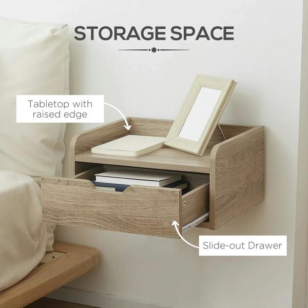 Natural wood floating nightstand with slide-out drawer and raised tabletop edge