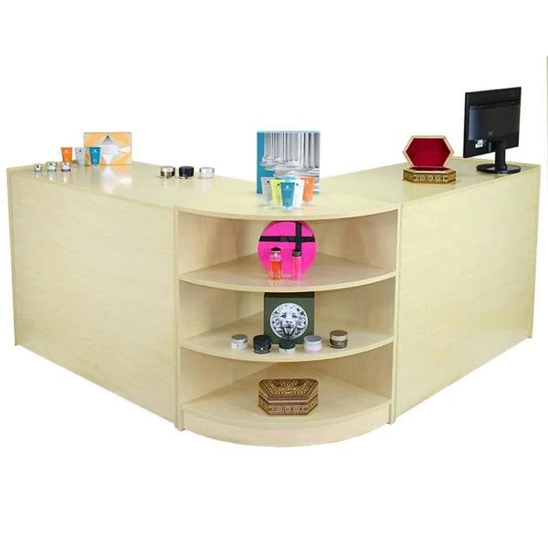 Curved maple shop counter with multiple shelves displaying various products, including candles and decorative boxes, ideal for retail settings