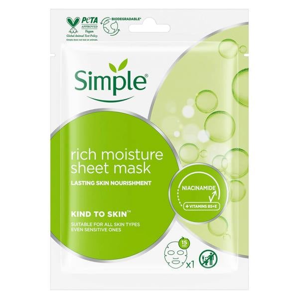 Simple Kind to Skin Rich Moisture Sheet Mask for Sensitive Skin, Pack of 5