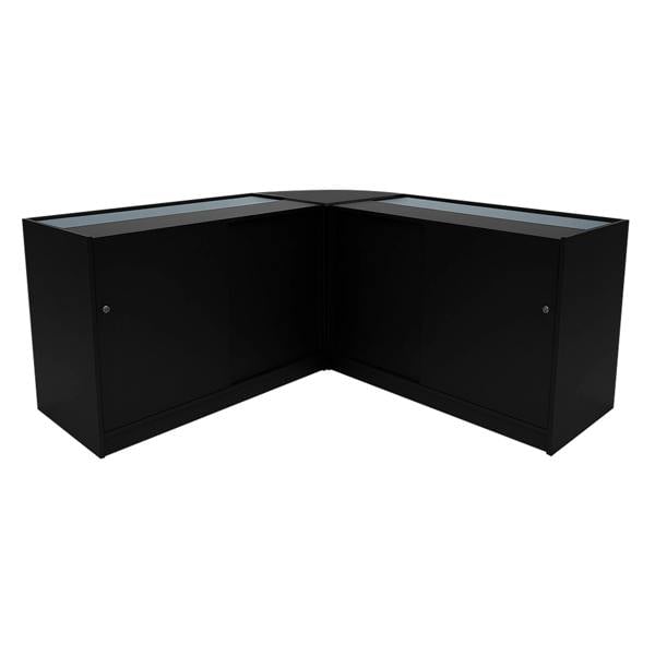 Black Apollo LED Shop Counter Set LM60 with two K1500 display cabinets, featuring sleek glass tops and modern corner design