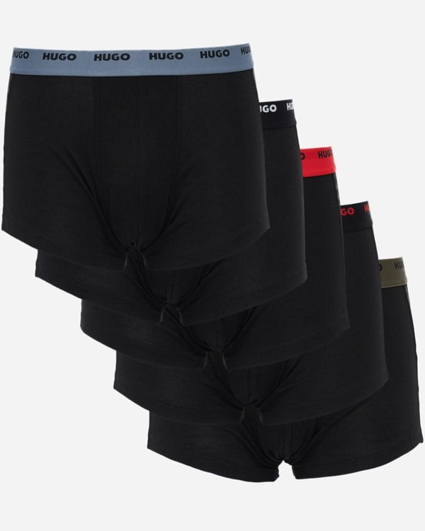 studio shot of HUGO 5-Pack Mens Stretch-Cotton Trunks with Logo Waistbands in Open Miscellaneous colourways