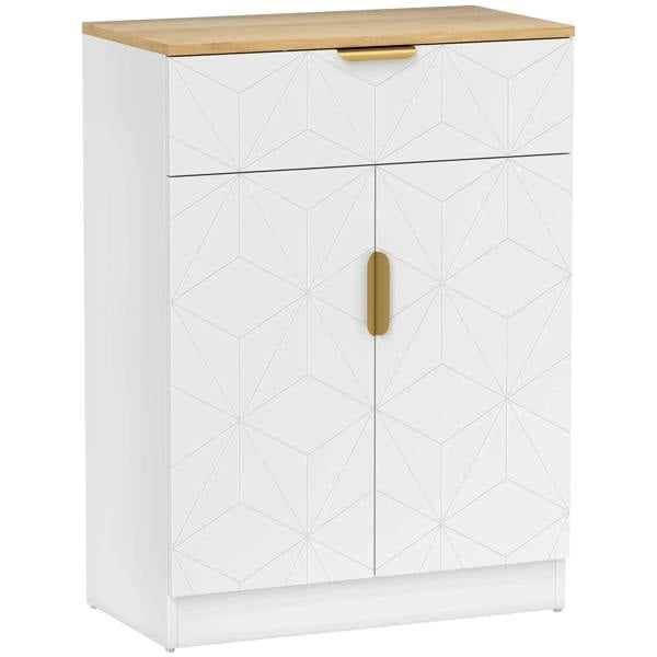 White sideboard cabinet with wood top, drawer, two doors, gold handles, geometric panels.