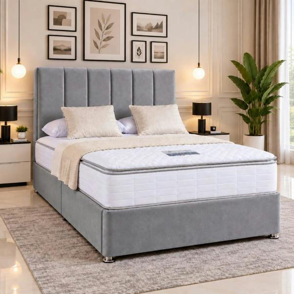 Paradise Beds Velmora Premium Upholstered Bed Frame with Tall Headboard and Mattress