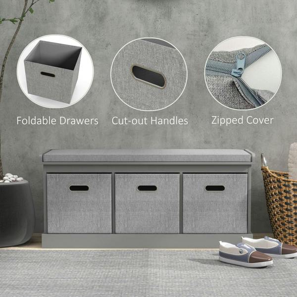 Grey shoe storage bench with padded seat, cut-out handles, three fabric drawers