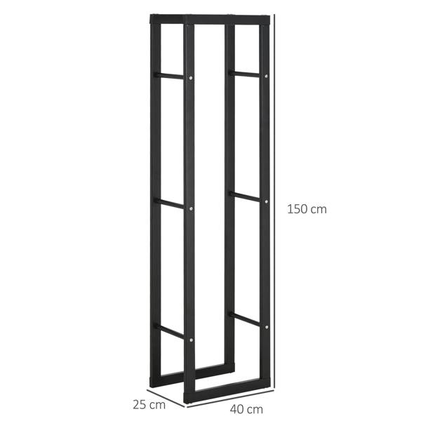 Tall black firewood log rack with side rails, open metal frame, 150 cm height