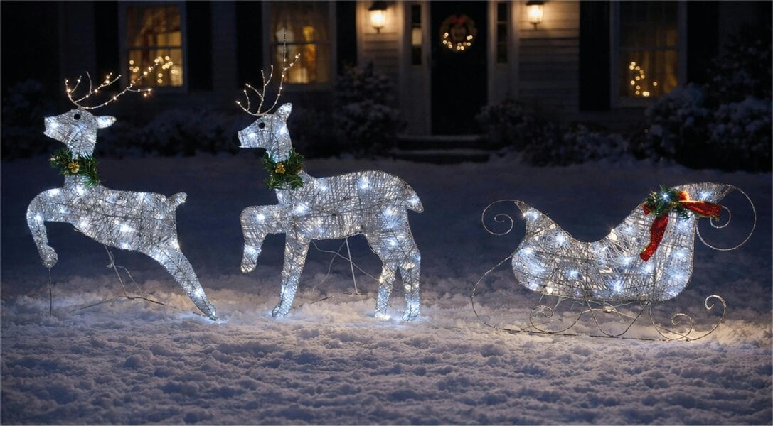 Scotts of Stow Xmas Haus LED Silver Glitter Deer and Sleigh Outdoor Decoration with Flash  and Timer