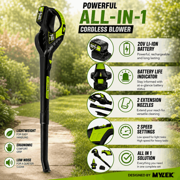 MYLEK Garden Cordless Leaf Blower 20V Li-ion With 4000mAh Battery & Fast Charger Two Speed Battery Indicator LED