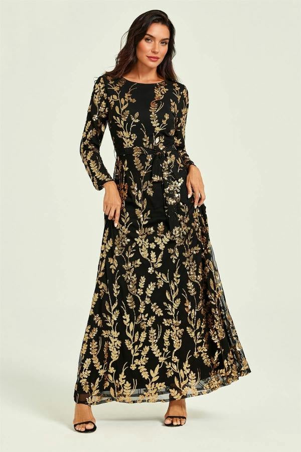 FS Collection Gold Sequin Leaf Long Sleeve Bridesmaid Maxi Dress In Black