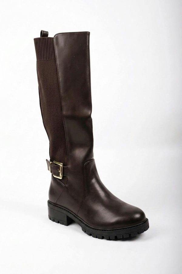 Cordelia Ribbed Panel Knee High Boots - Brown