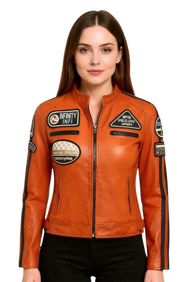 Infinity Leather Womens Leather Biker Racing Badges Jacket-Agadir