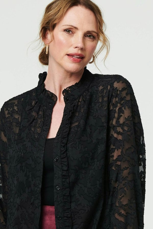 Black | Lace Frill Semi Sheer Long Sleeve Blouse
