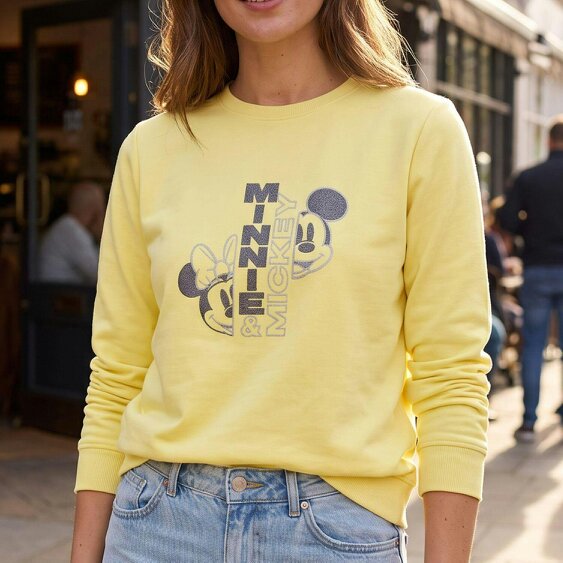 Onomato! Women's Mickey & Minnie Mouse Jumper 100% Cotton French Terry Size L Yellow