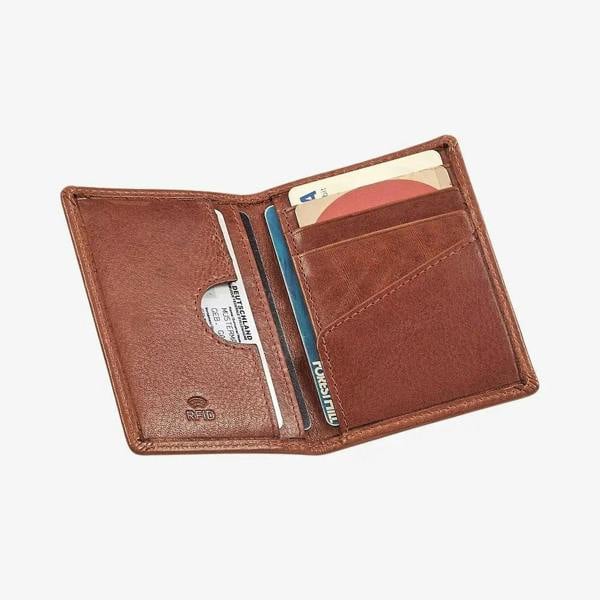 Chestnut leather wallet with card slots on a white background