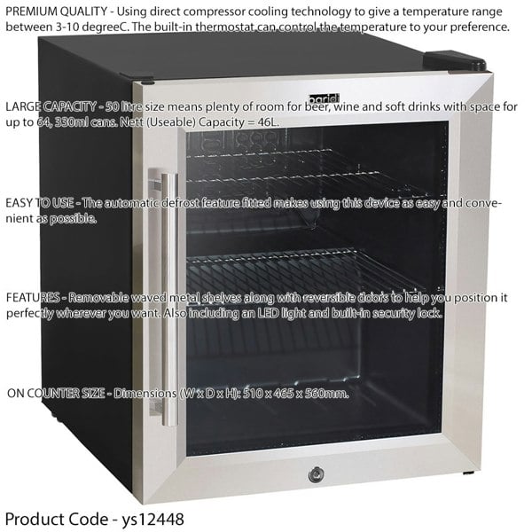 50L Worktop Wine Beer Drinks Fridge Cooler - STEEL & GLASS LED 64x 330ml Cans - LoopsDirect