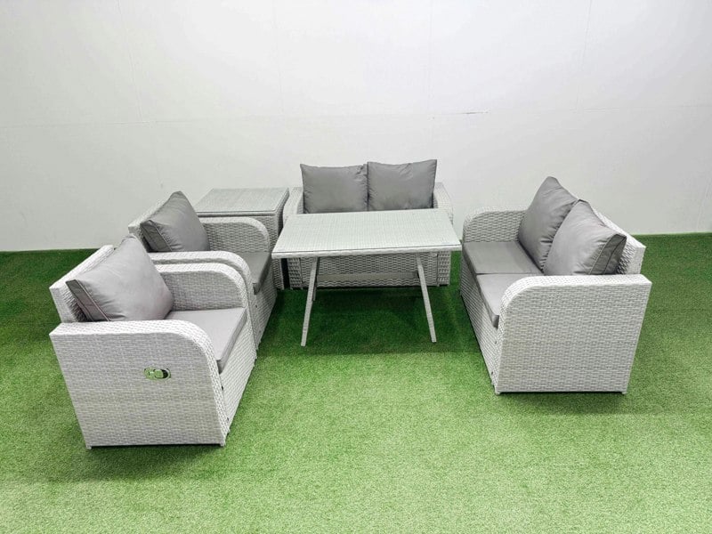 Fimous 6 Seater Rattan Garden Furniture Set Outdoor Love Sofa Set with Rectangular Dining Table Side Table Light Grey