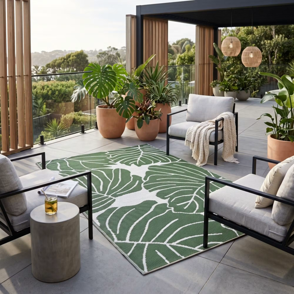 HOMESCAPES Outdoor Rug Luxury Waterproof Reversible Recycled, For Garden, Ada Botanical