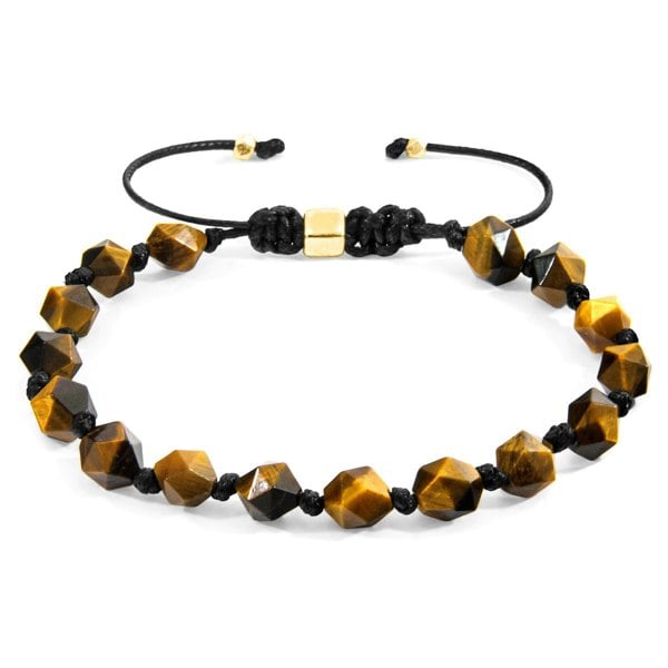 Anchor & Crew Brown Tigers Eye Zebedee 9ct Yellow Gold and Stone Beaded Macrame Bracelet