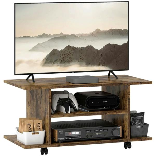 Rustic brown TV cabinet stand with open shelves, media storage and rolling casters