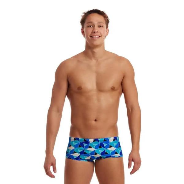 Blue Funky Trunks Tetra Tonic Sidewinder swim trunks with geometric pattern