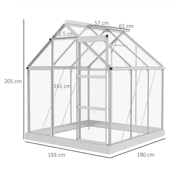 White aluminium frame walk-in greenhouse with clear polycarbonate roof and wall panels