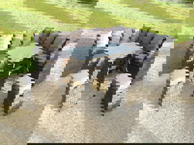 Fimous High Back Rattan Corner Sofa Set Dining Table Outdoor Furniture Dark Grey Mixed Right Option