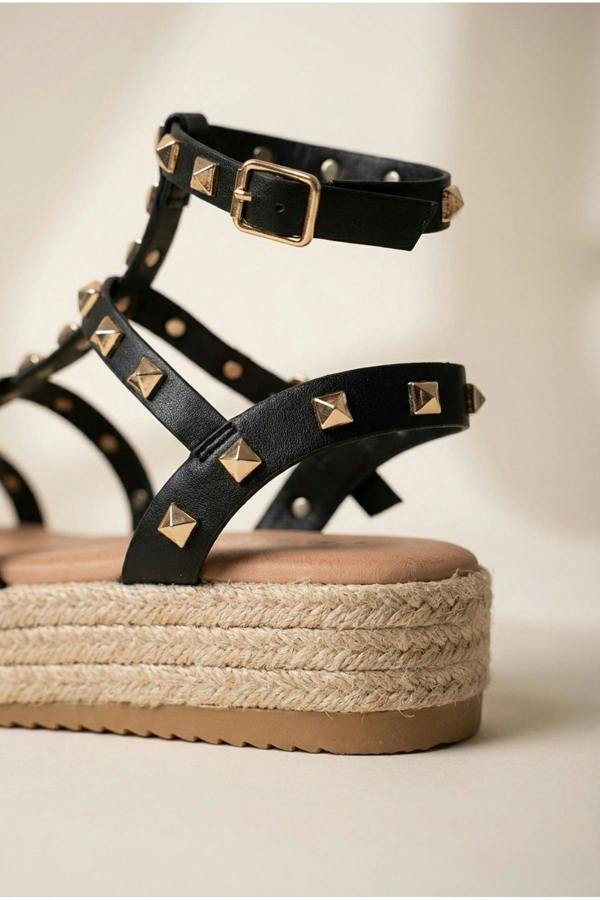 Wendy Studded Gladiator Flatform Espadrille Sandals - Black